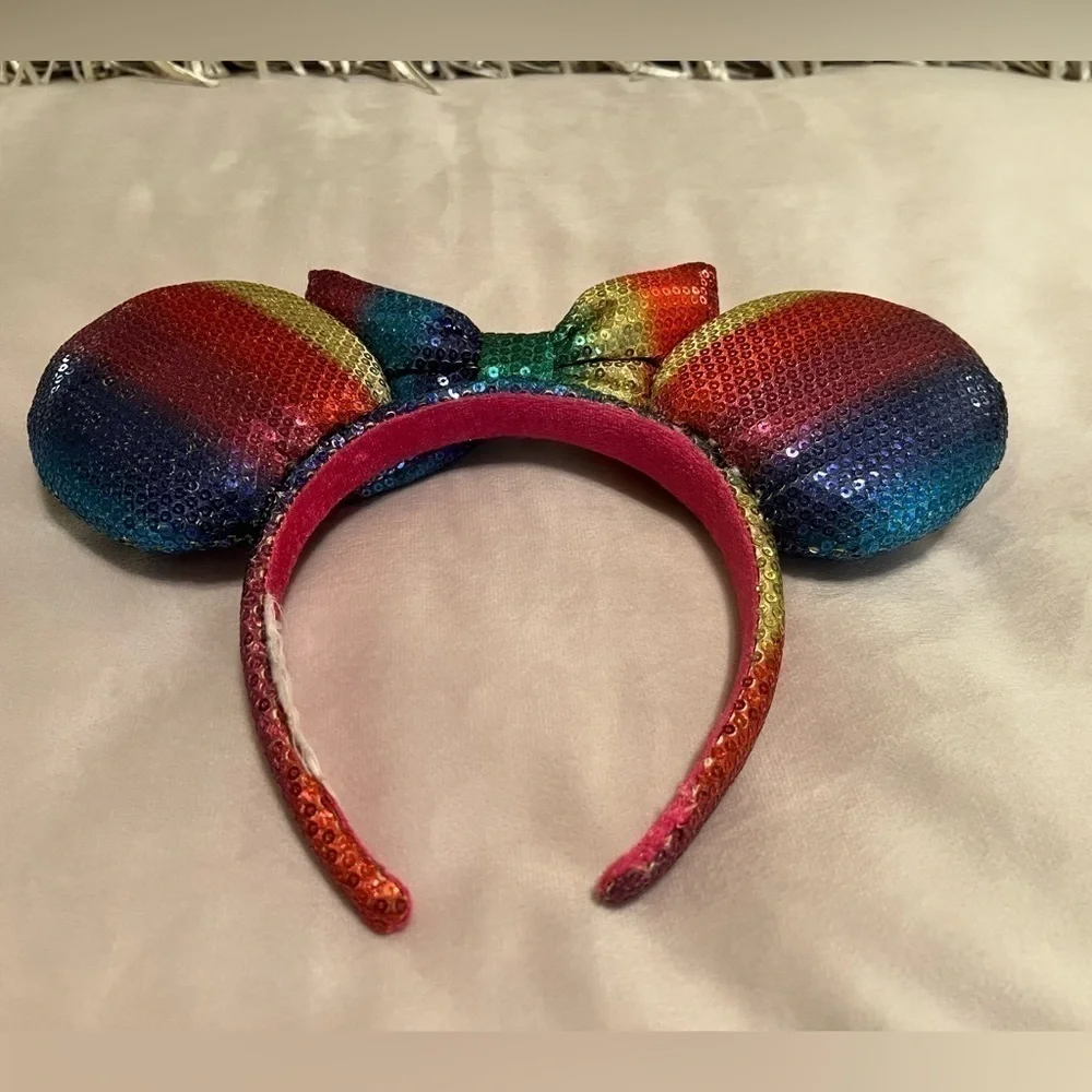 DISNEY PARKS Rainbow Sequins Minnie Mouse Ears Headband Pink Red Purple Blue